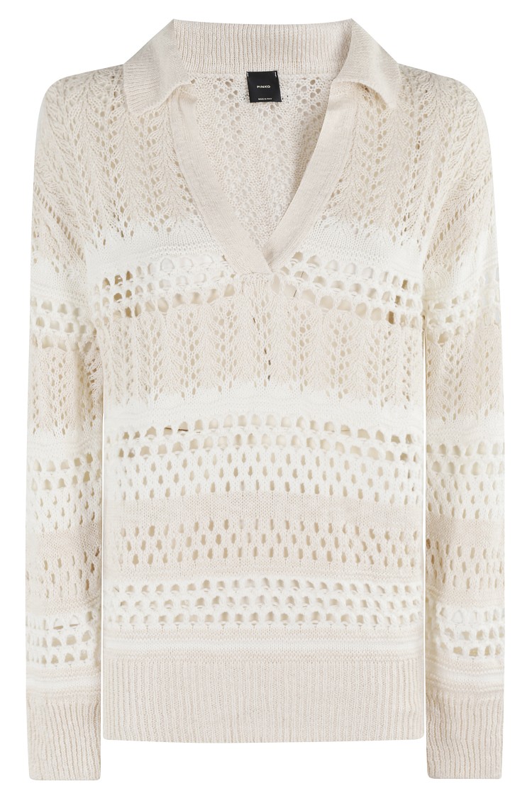 Pinko Textured Knit White Sweater With Stylish Collar In White