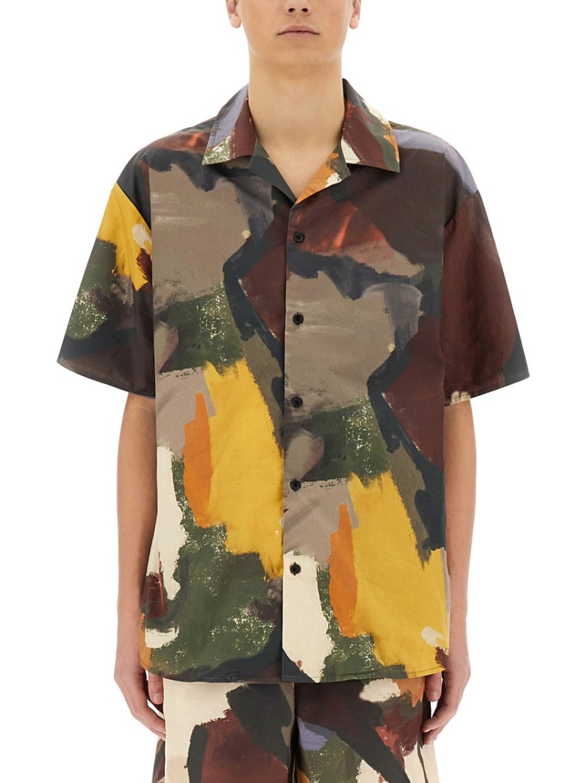 Jw Anderson J. W. Anderson Wide V-neck Short Sleeve Shirt With Abstract Print In Multicolor