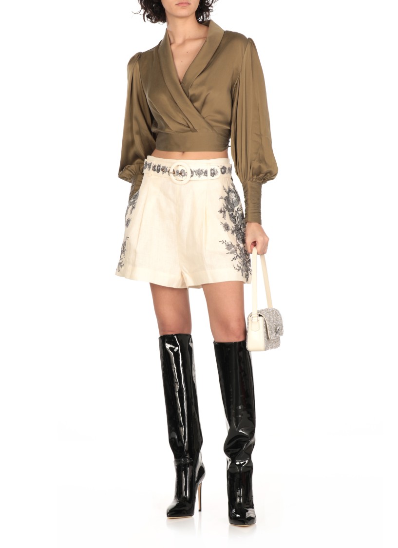 Zimmermann High Waist Floral Embroidery Belted Shorts In White