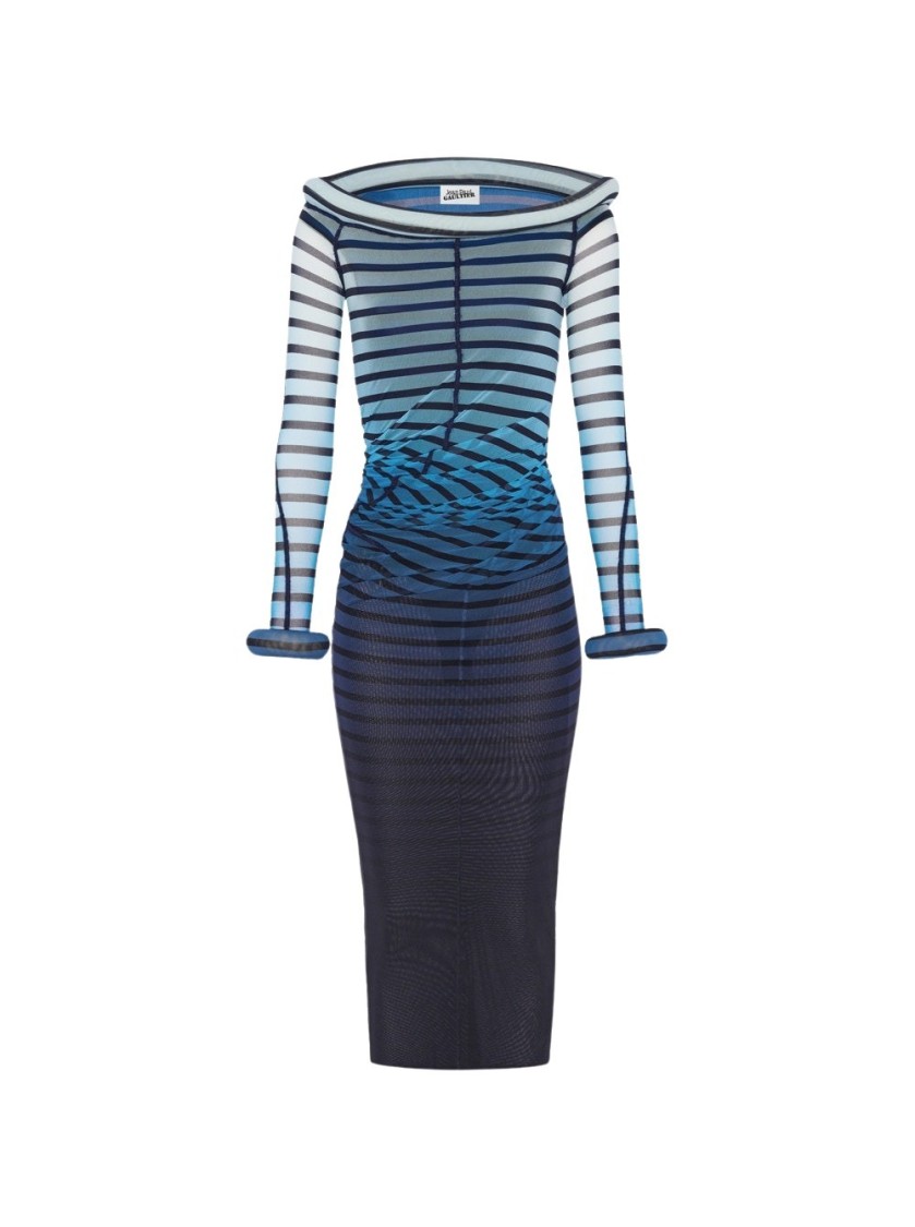 Jean Paul Gaultier Elegant Mesh Boat Neck Long Dress With 3d Collar And Cuff In Multicolor