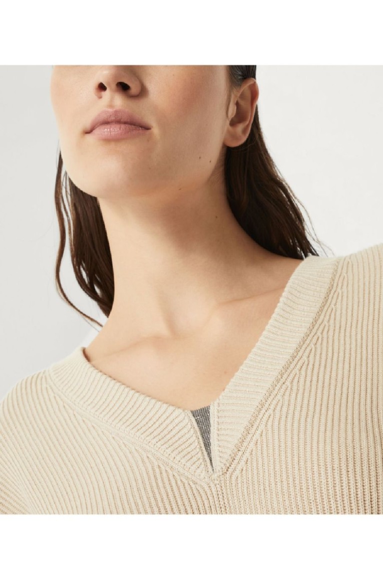 Brunello Cucinelli Light Beige Sweater With Ribbed Details In Brown