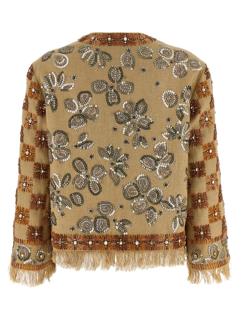 Valentino Garavani Linen Blazer With Intricate Ethnic Embroidery In Brown