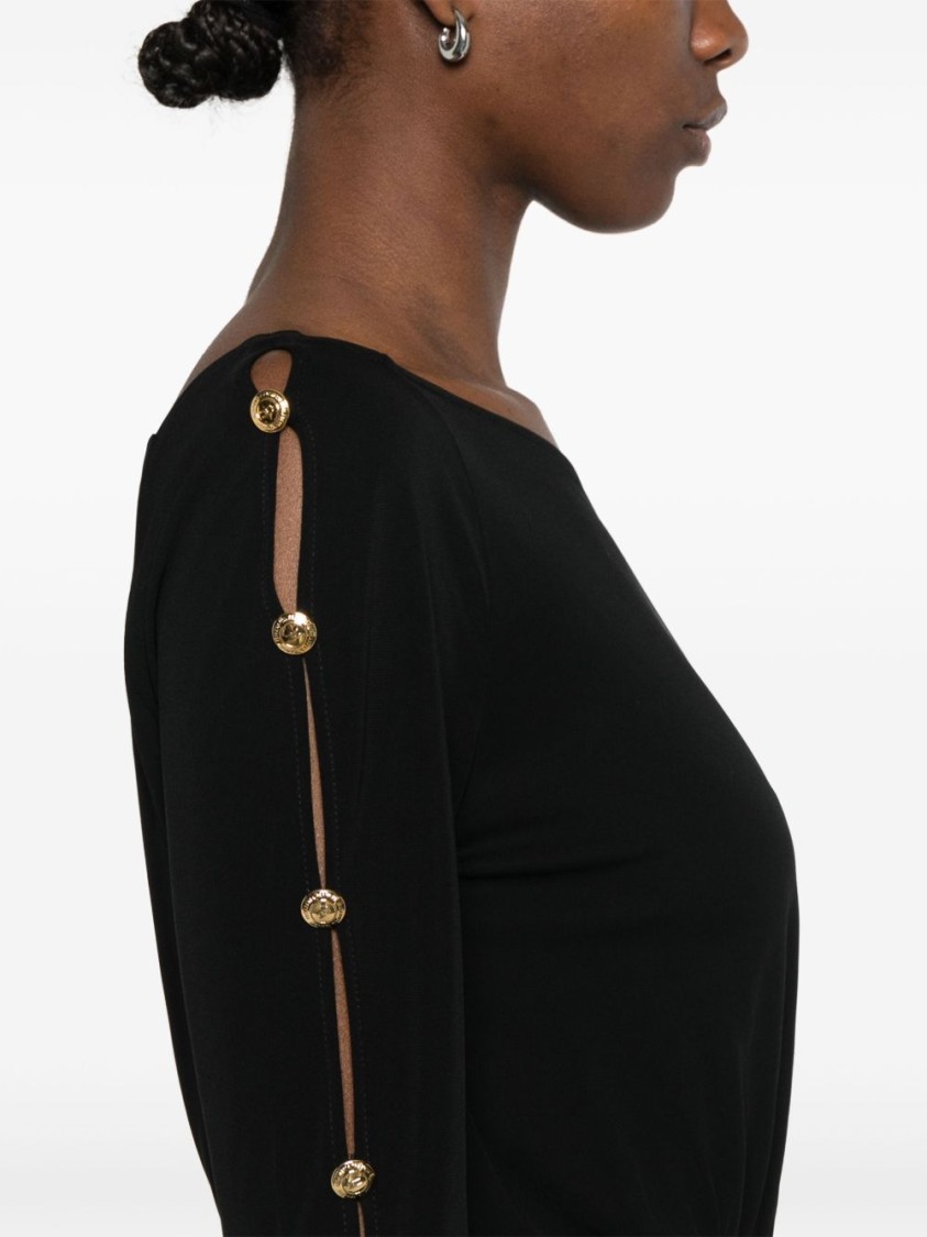 Shop Elisabetta Franchi Flowing One-shoulder Black Dress With Decorative Buttons