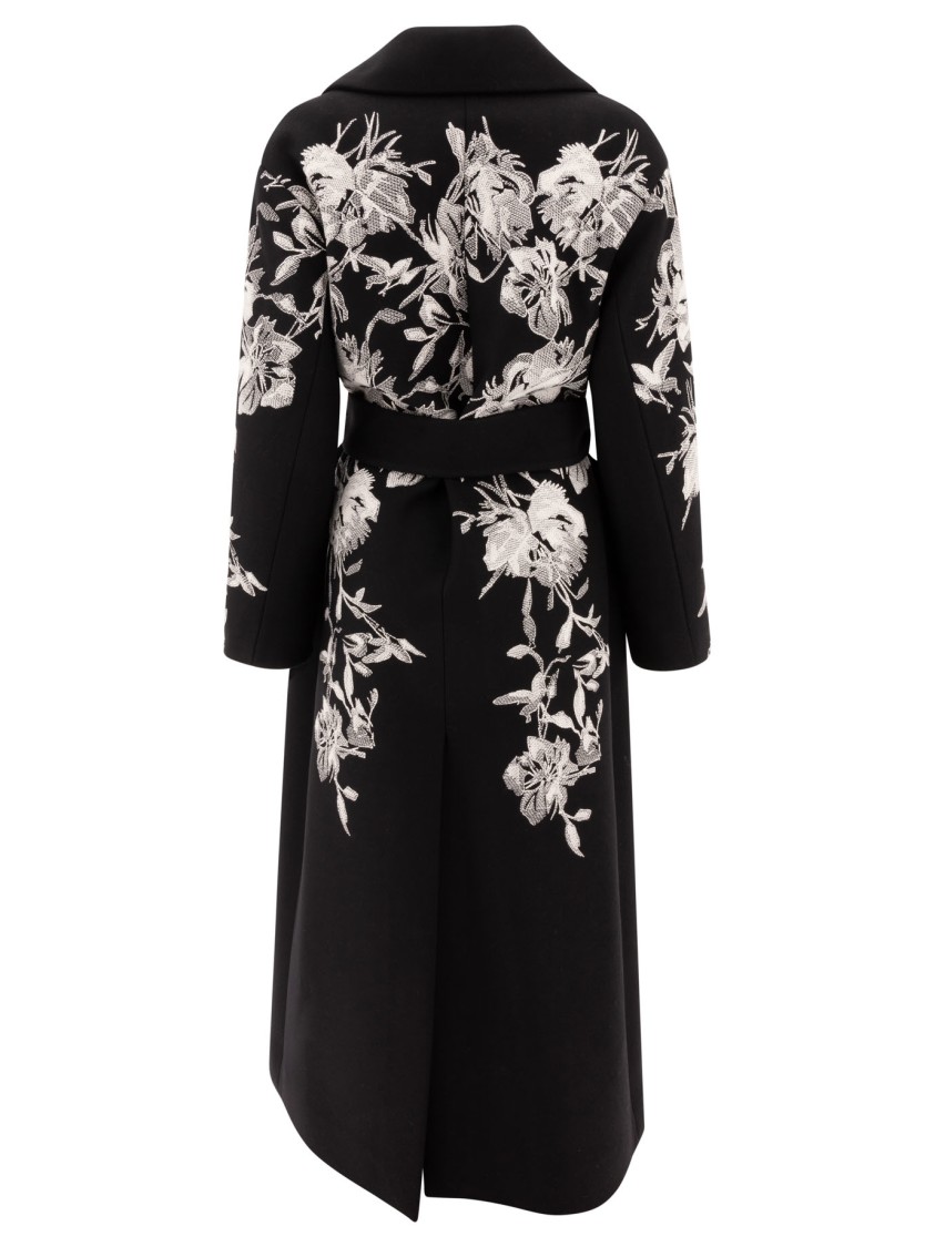 Elie Saab Wool Coat Embroidered Belt Floral Long Shawl In Black