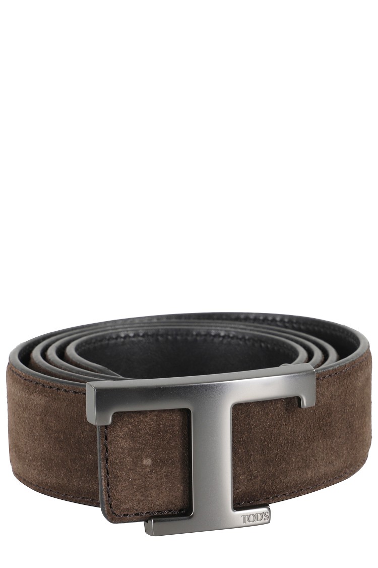 Tod's Two-tone Leather Belt With Front Logo In Gray
