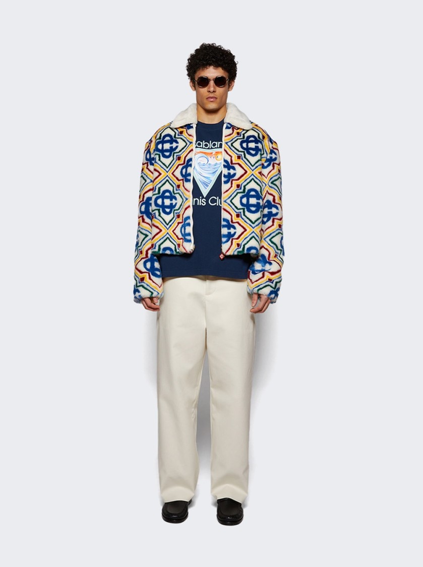 Casablanca Collared Faux Fur Jacket Olympic Diamond Monogram In Multicolor