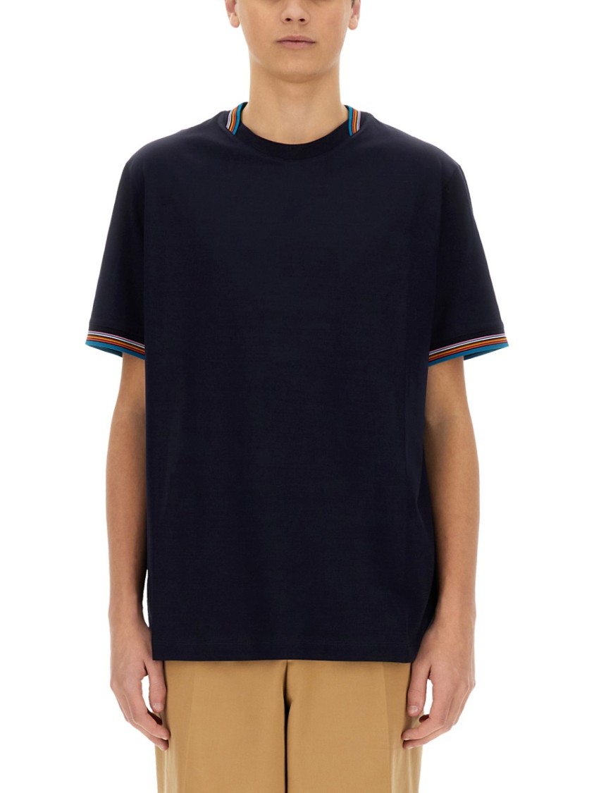 Shop Paul Smith Cotton T-shirt With Colorful Striped Accents In Blue