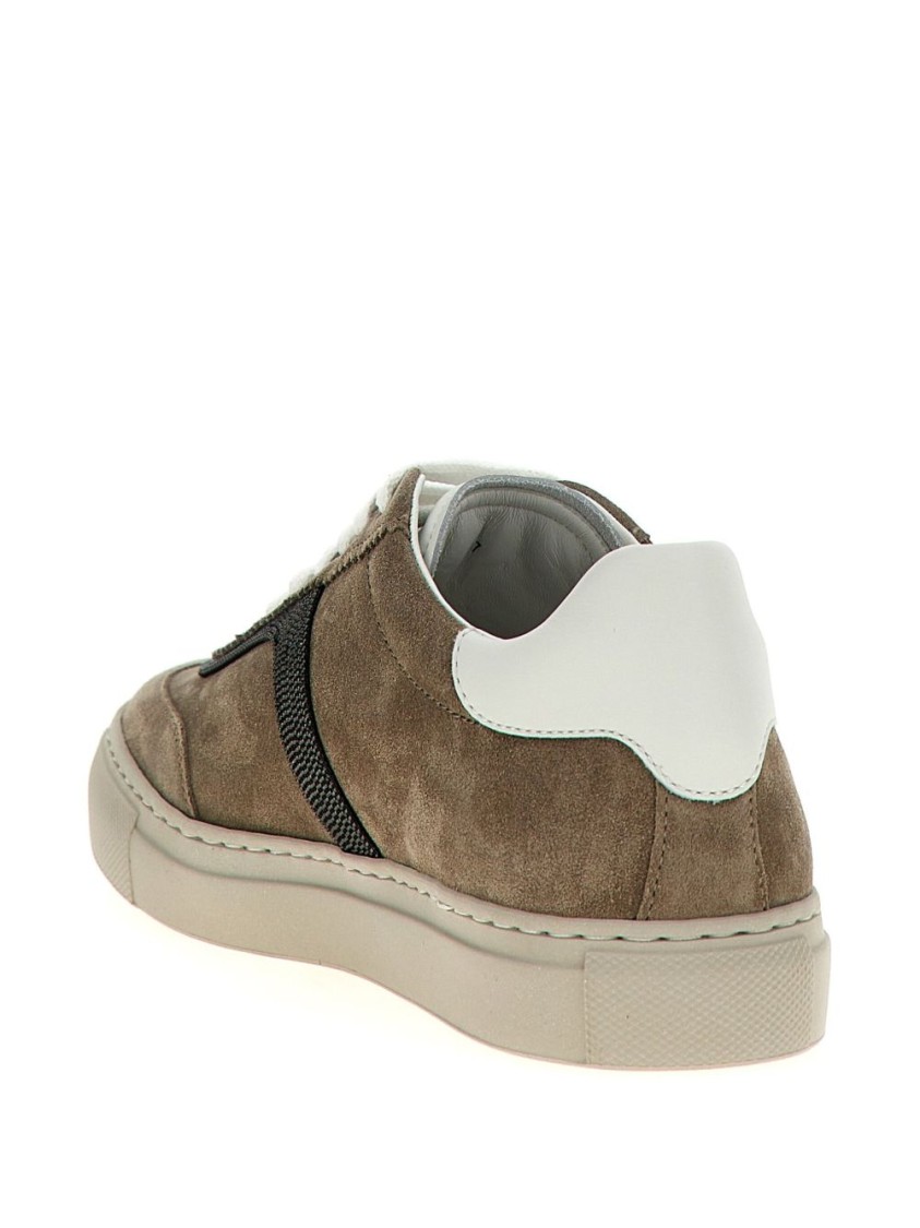 Brunello Cucinelli Round Toe White Sneakers With Monili Detail In Brown