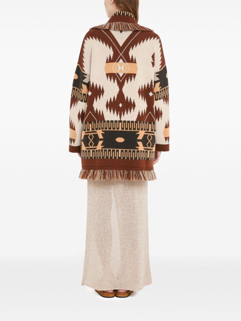 Alanui Geometric Pattern Cashmere Sweater With Fringed Hem In Brown