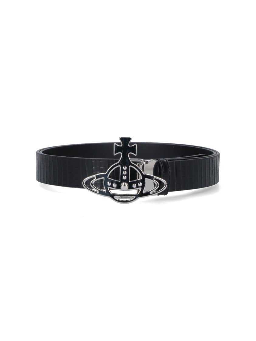 Vivienne Westwood Reversible Crocodile Print And Black Leather Belt In Black