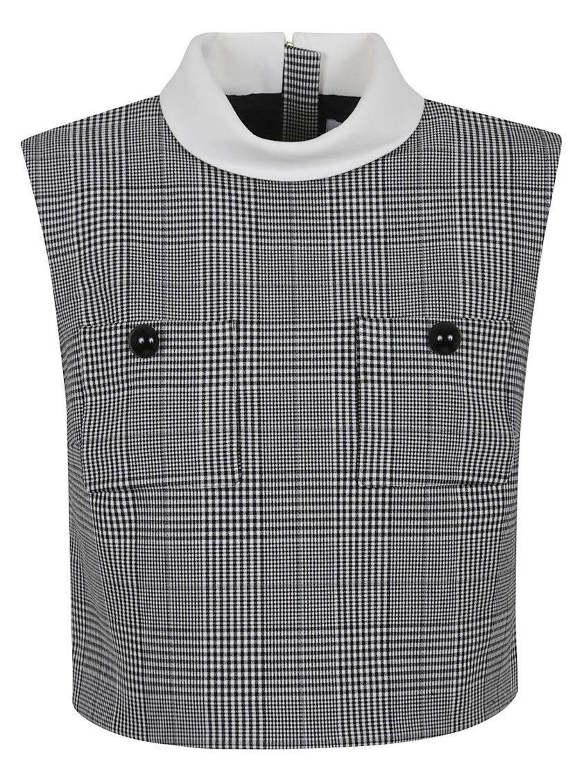 Self-portrait Cropped Checkered Top With High Neck In Gray