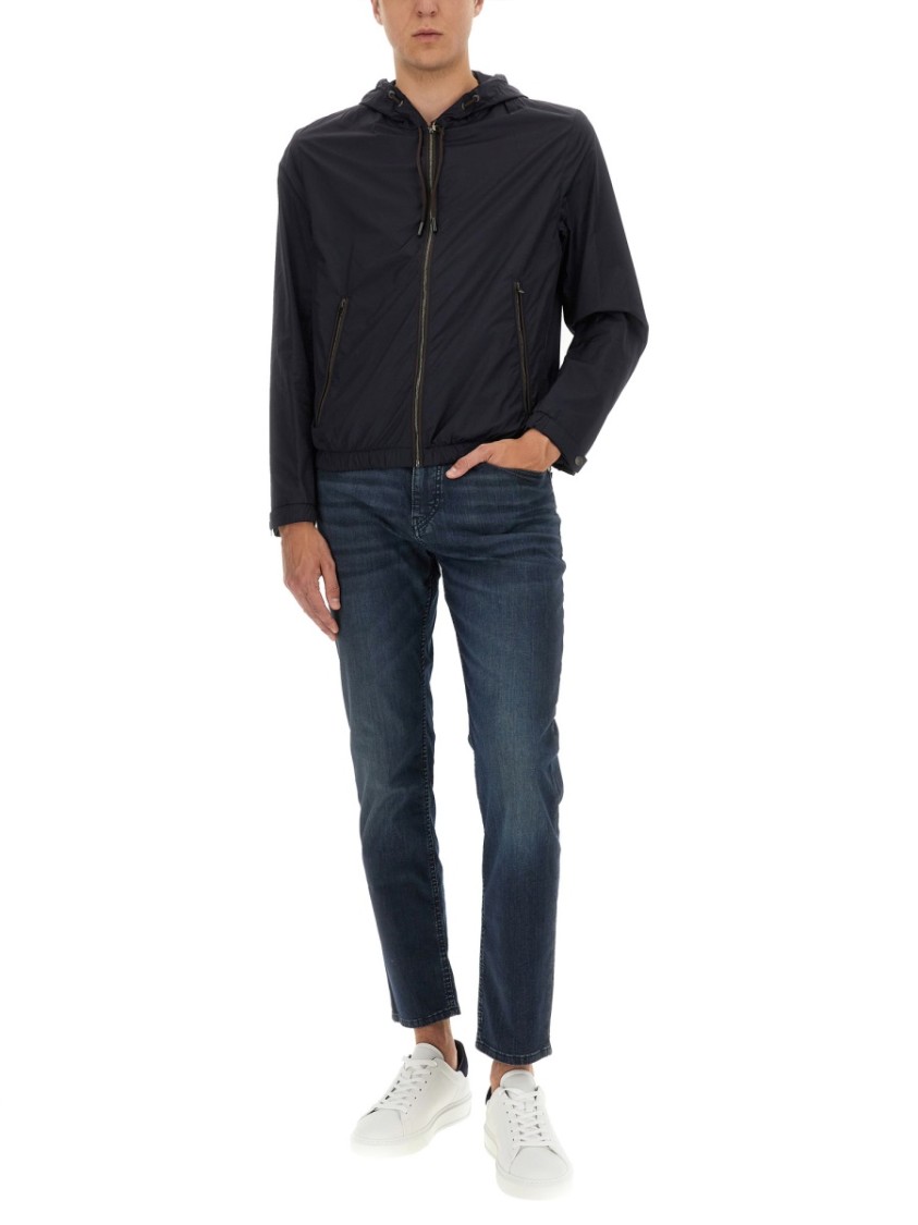 Hugo Boss Hooded Jacket With Zipper And Elasticated Hem In Blue