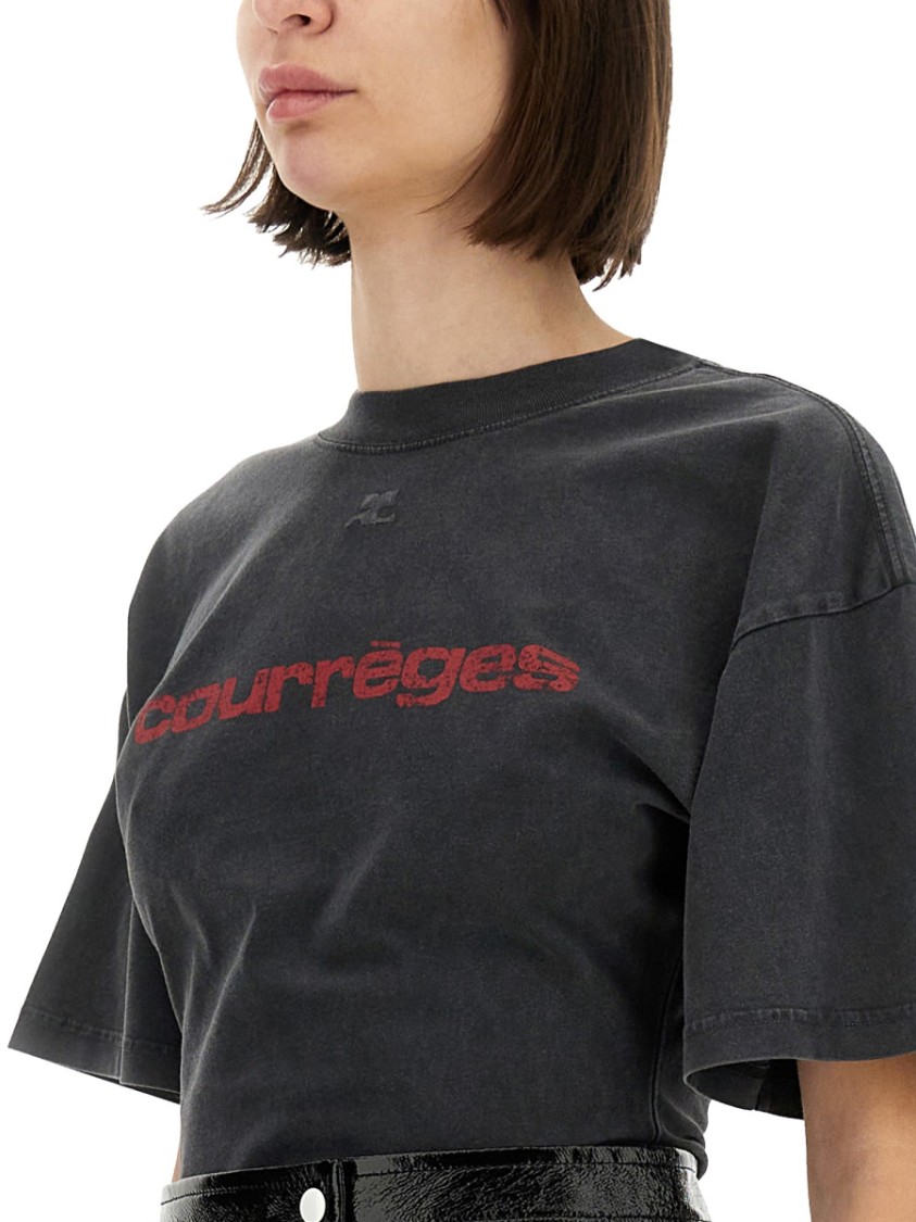 Shop Courrèges Fitted Black T-shirt With Vintage Print Design In Grey