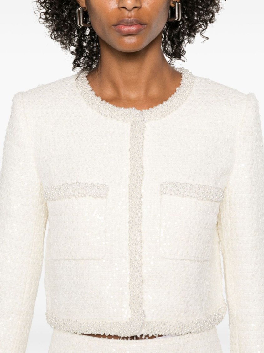 Shop Self-portrait Bouclé Faux-pearl-trim Jacket In White