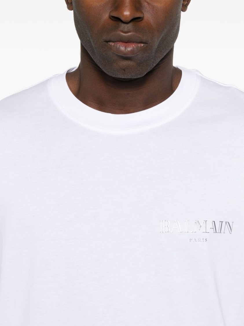 Balmain White Crewneck T-shirt With Logo Lettering On The Front In Cotton Man In White