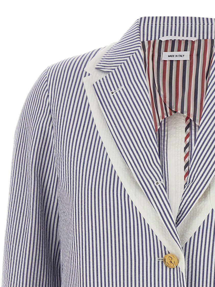 Thom Browne Striped Seersucker Blazer Featuring Patch Pockets In Blue