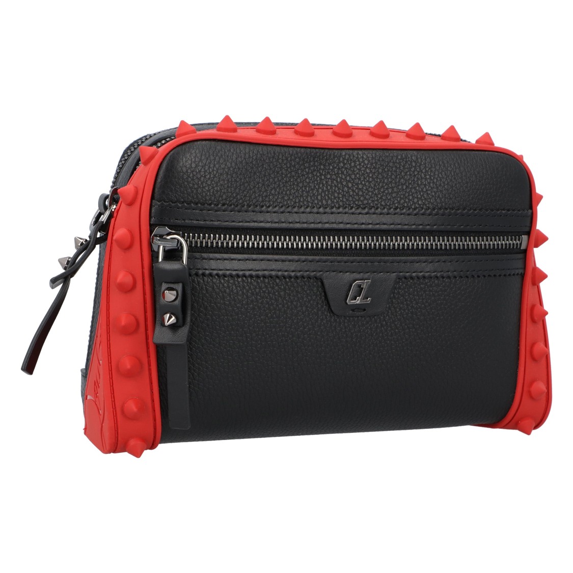 Christian Louboutin Sophisticated Black Grained Calfskin Messenger Bag With Signature Red Accents In Black