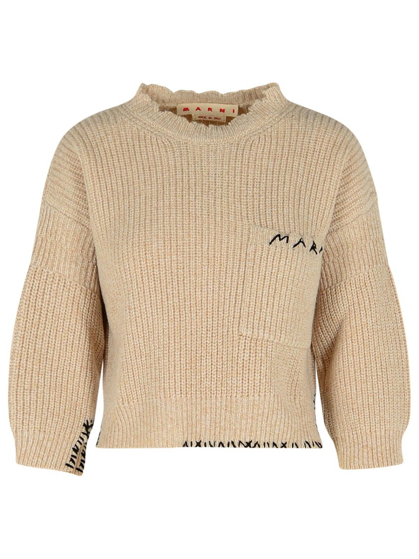 Marni Crew Neck Wool Sweater Embroidered In Brown