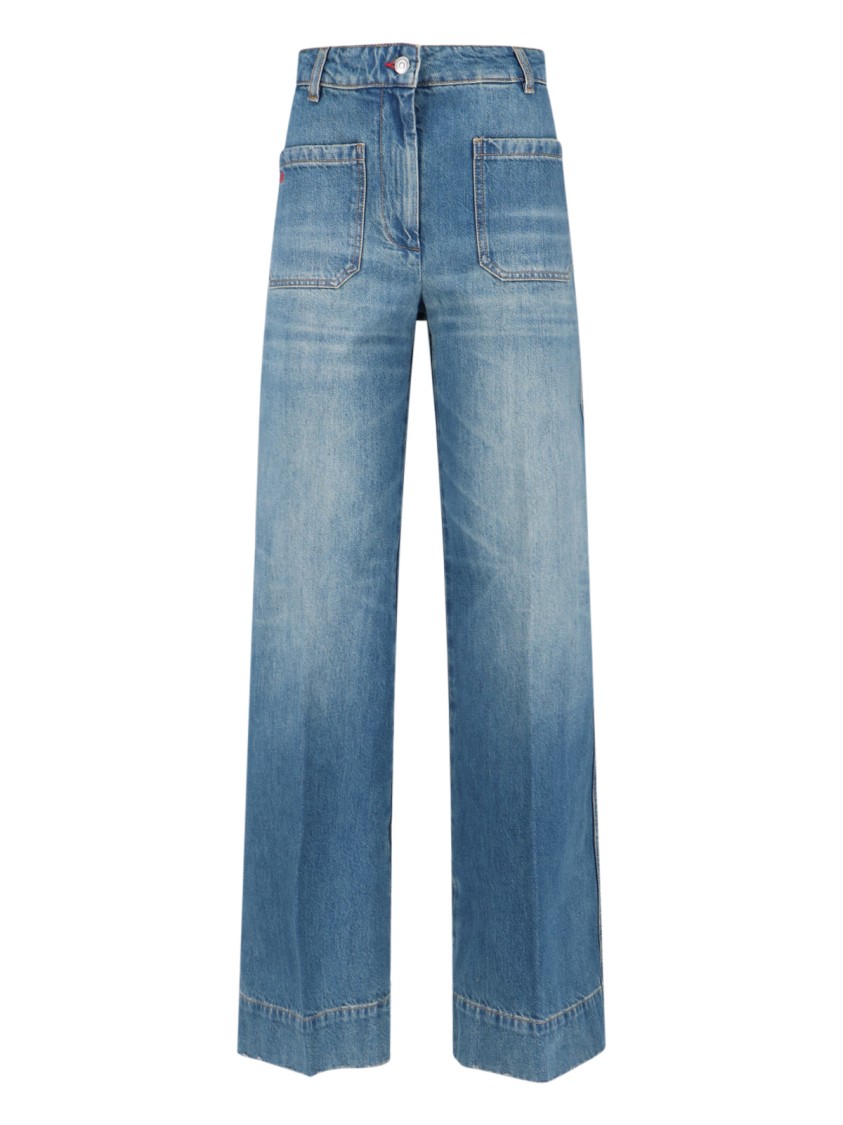 Victoria Beckham Straight Trousers With Pockets And Stitching In Blue