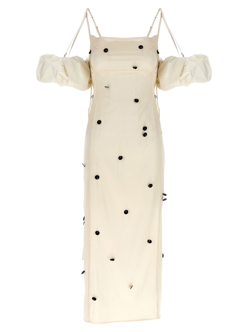 Jacquemus Beloved Off-shoulder Midi Dress With Button Embellishments In Neutral
