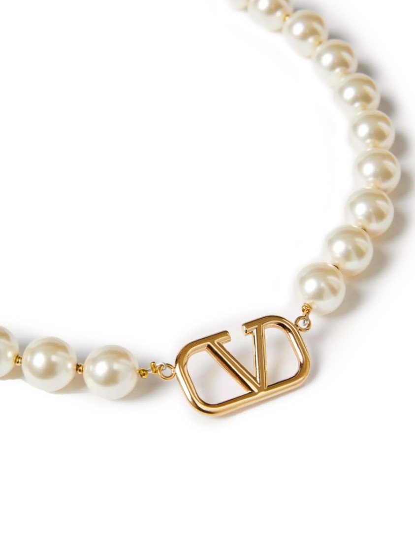 Valentino Vlogo Signature Metal And Swarovski Pearls Necklace In Gold