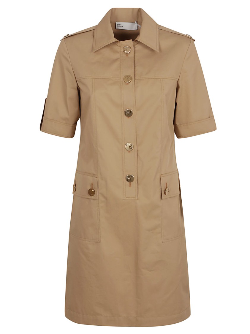 Tory Burch Structured Cotton Dress With Button-down Front In Brown