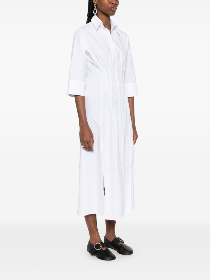 Seventy Pleated White Dress With Buttoned Cuffs And Side Slits In White