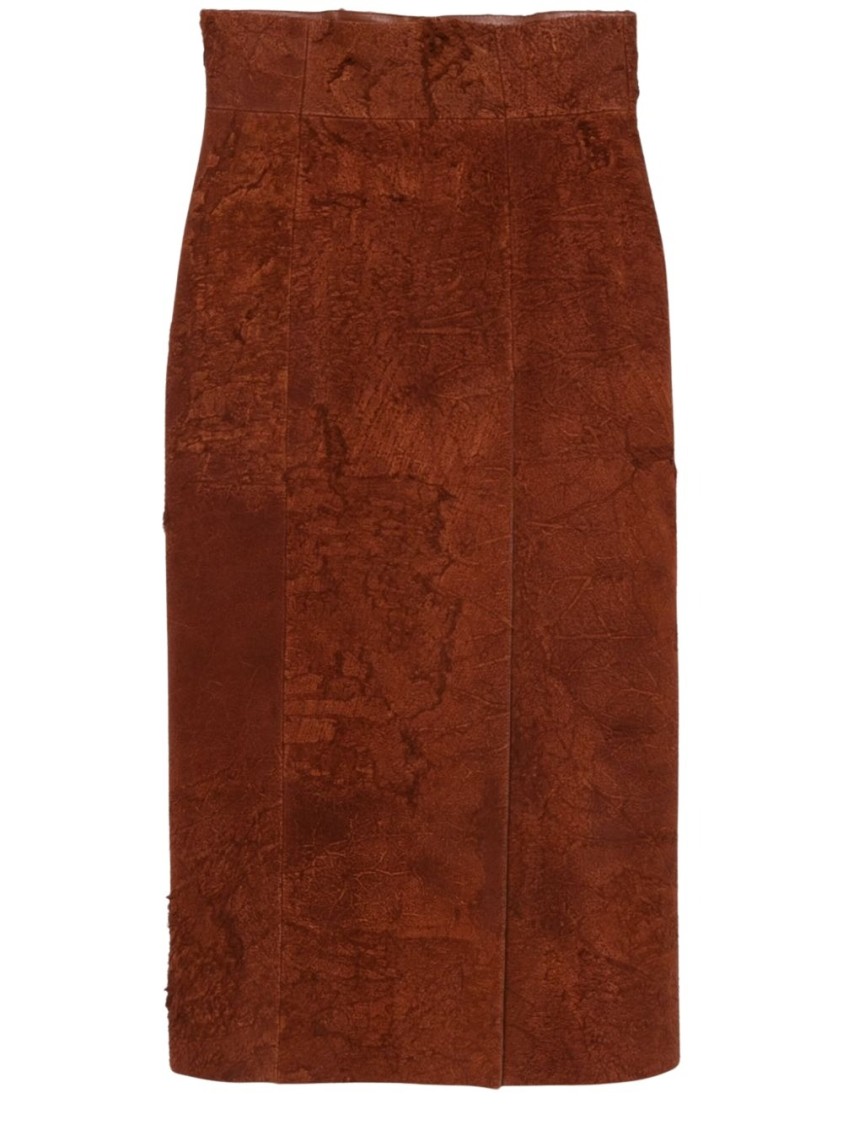 Alexander Mcqueen Womens Brown Brushed-suede Split Leather Midi Skirt In Brown