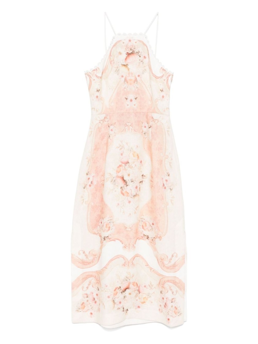 Twinset Twin-set Midi Length Pink Linen Dress With Floral Print
