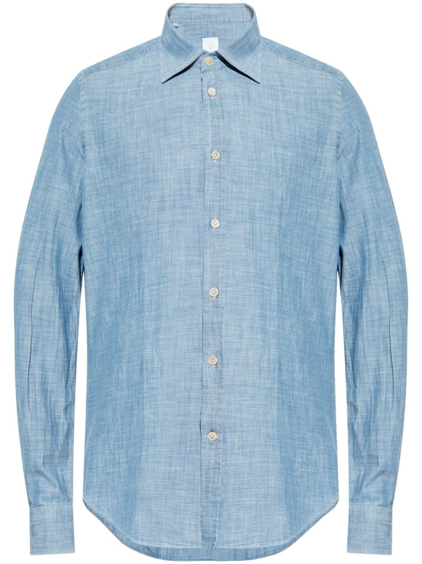 Shop Eleventy Tailored Button-down Blue Shirt By