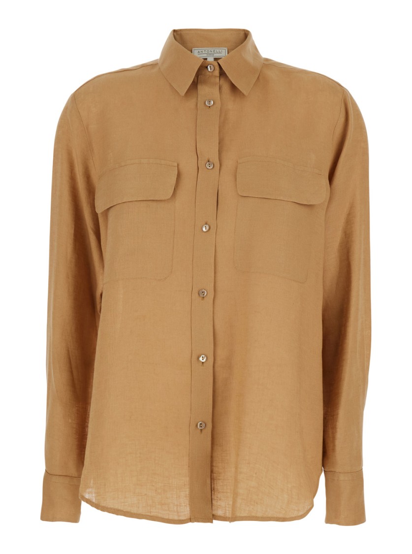 Antonelli Clio Beige Shirt With Classic Collar In Linen Woman