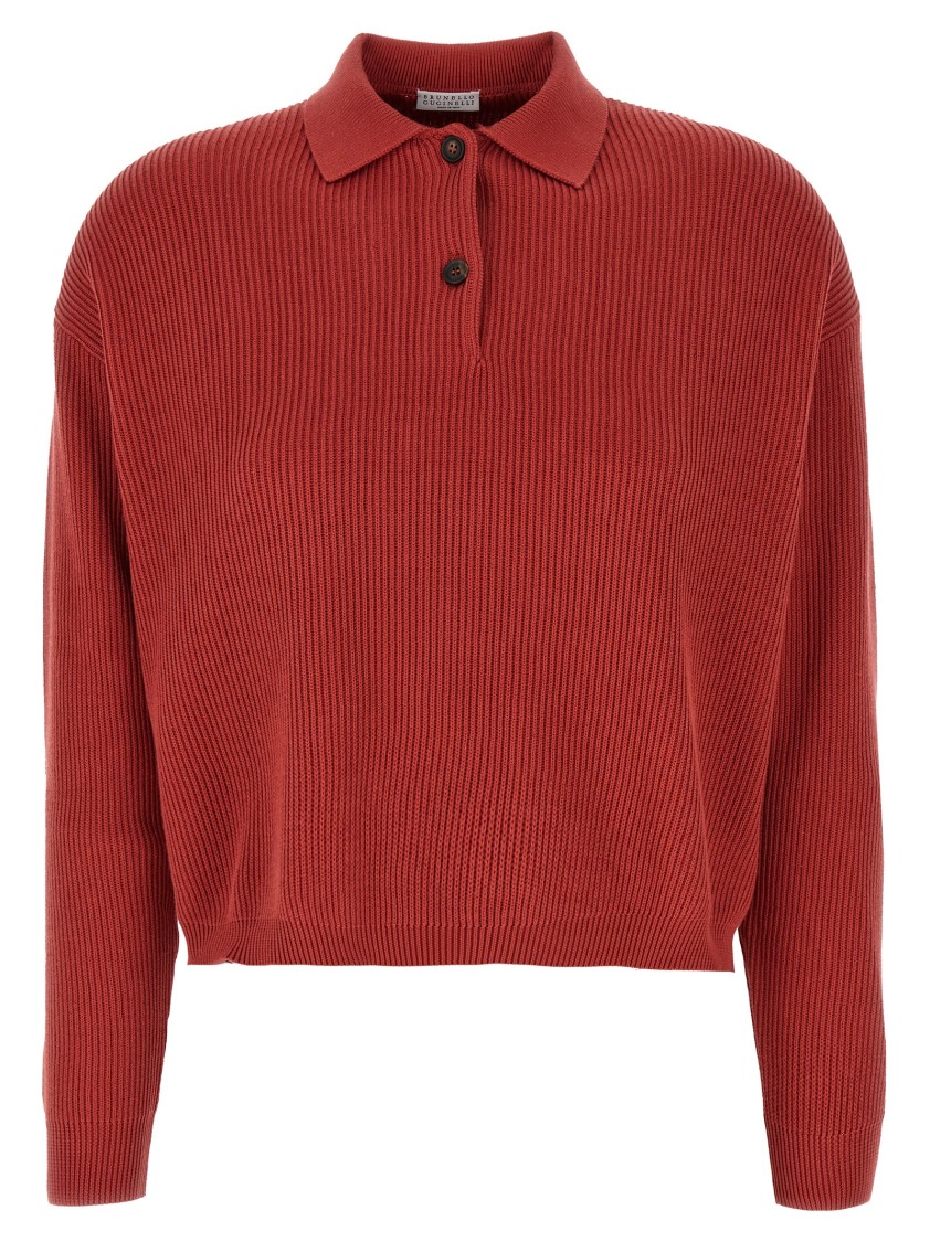 Brunello Cucinelli Ribbed Cotton Knit Polo Shirt In Red
