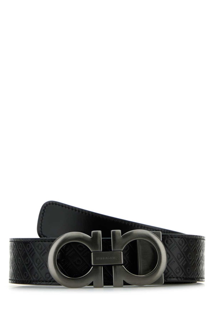 Ferragamo Reversible Leather Belt Adjustable Length Embossed Pattern In Black