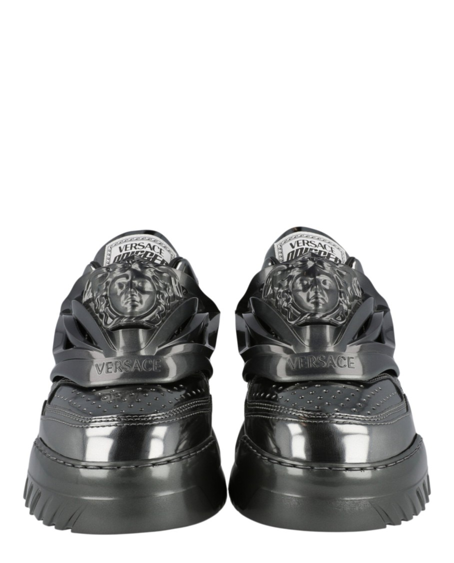 Versace Odissea Leather Low-top Sneakers In Gunmetal | ModeSens