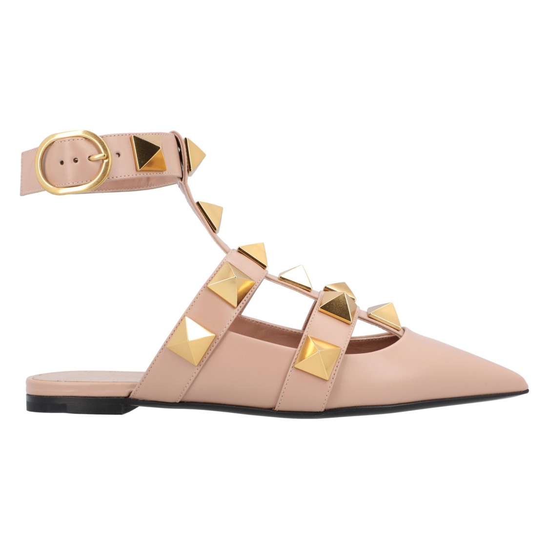 Valentino Pointed Toe Ballerinas With Roman Stud Rivets And Ankle Strap In Neutral