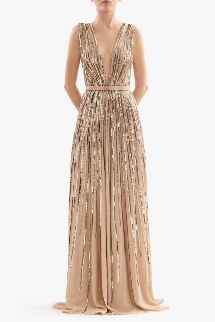Saiid Kobeisy Sequin Long Dress In Brown