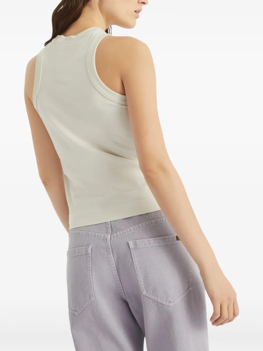 Brunello Cucinelli Stretch Cotton Jersey Top With Dazzling Net Embroidery In Neutrals