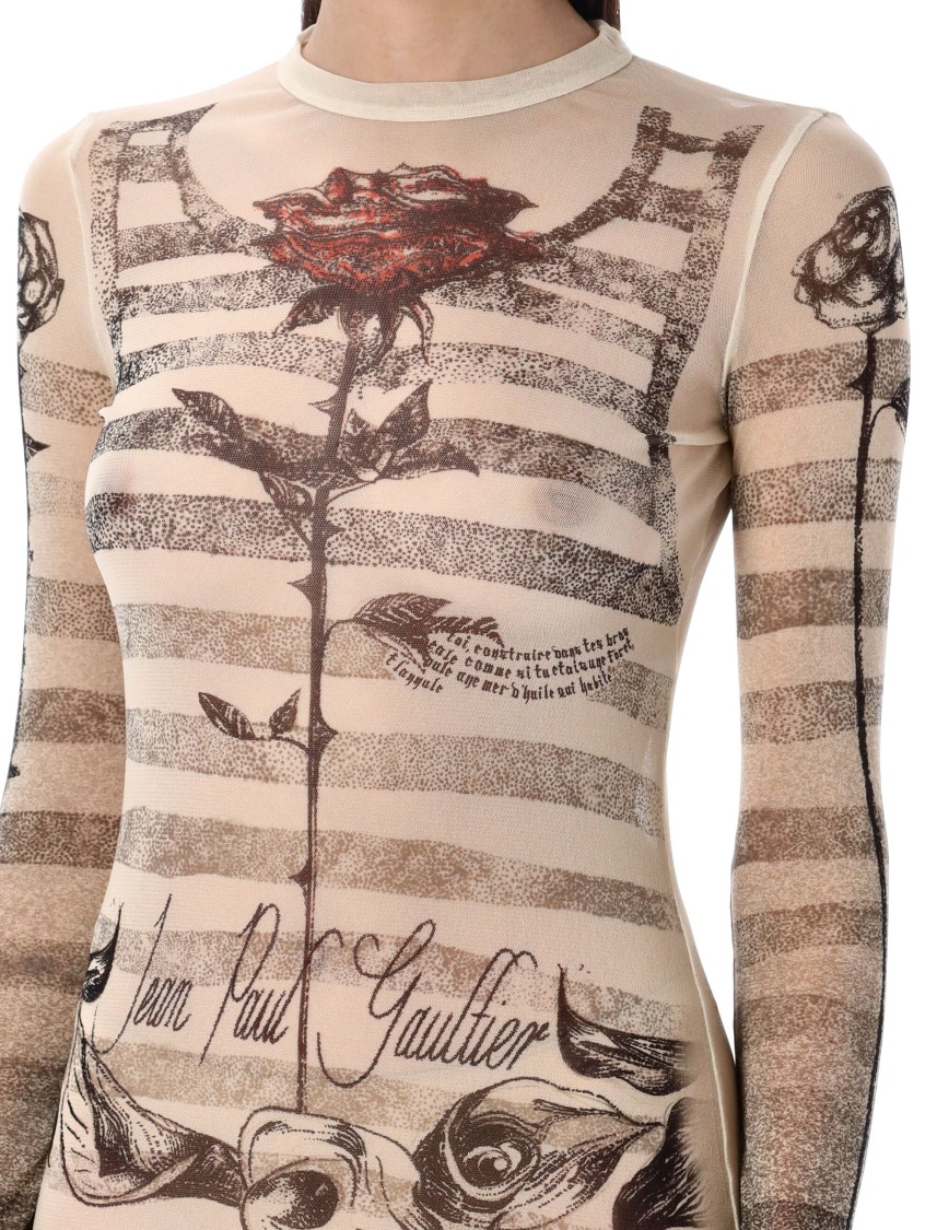 Jean Paul Gaultier Mesh Tattoo Striped Long Dress In Neutrals
