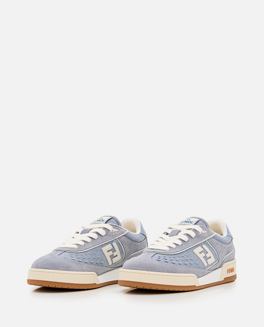 Shop Fendi Denim And Leather Trainers With Embossed Logo In Blue