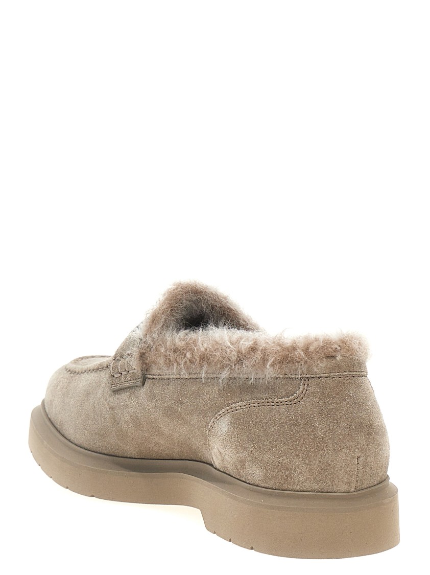 Brunello Cucinelli Suede Loafers With Monile Detail And Fur Lining In Neutral