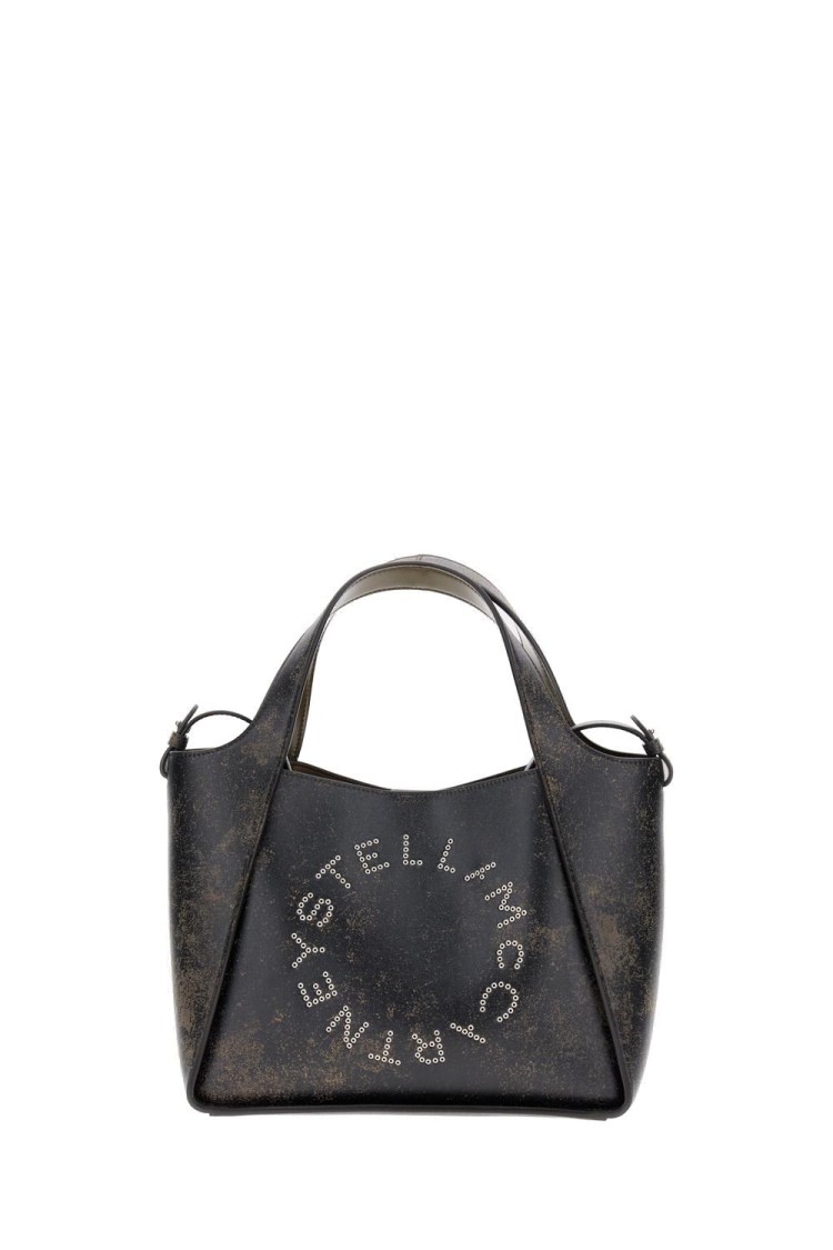 Stella Mccartney Brown Leather Tote Bag With Embroidered Logo And Dual Carry Options In Black