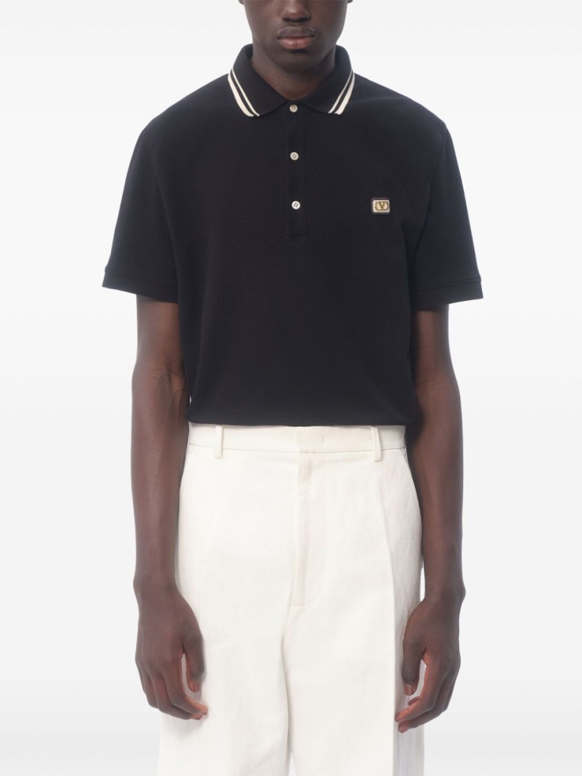 Valentino Garavani Black Polo Shirt With Classic Bicolor Collar And Logo Patch On The Front In Cotto