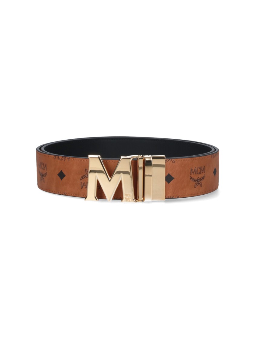 Mcm Adjustable Signature Print Reversible Gold-tone Hardware Belts