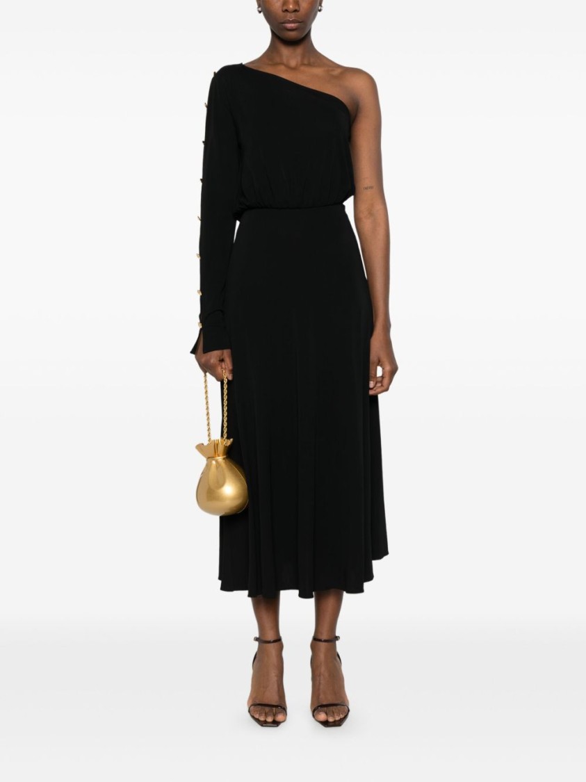 Shop Elisabetta Franchi Flowing One-shoulder Black Dress With Decorative Buttons