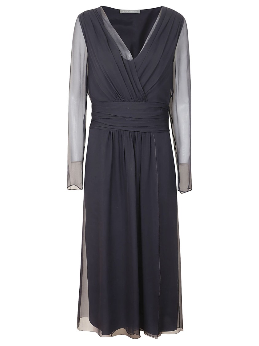 Alberta Ferretti Midi Dress With Deep V-neckline And Sheer Sleeves In Black