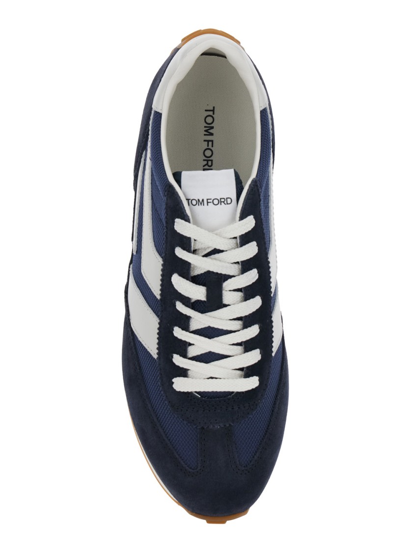Shop Tom Ford Navy Suede And Mesh Sneakers With Contrast Stripes In Blue