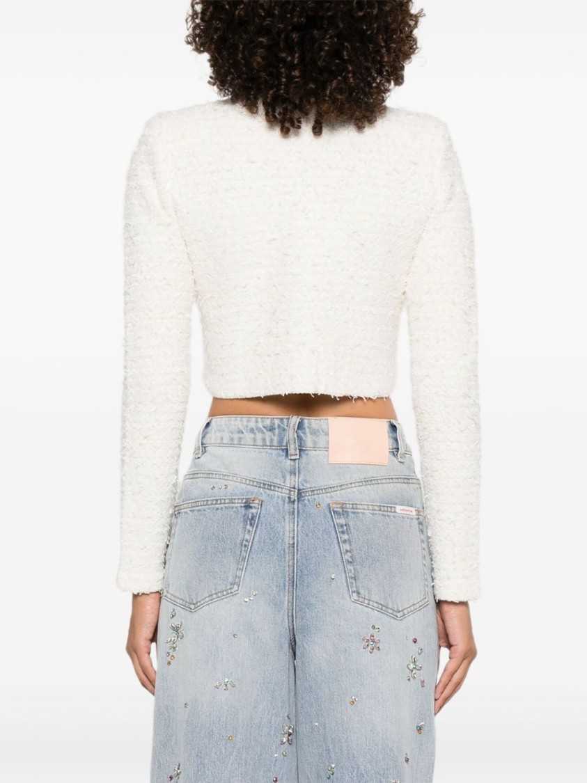Self-portrait Cropped Sweater With Textured Boucle Knit And Crystal Embellishments In White