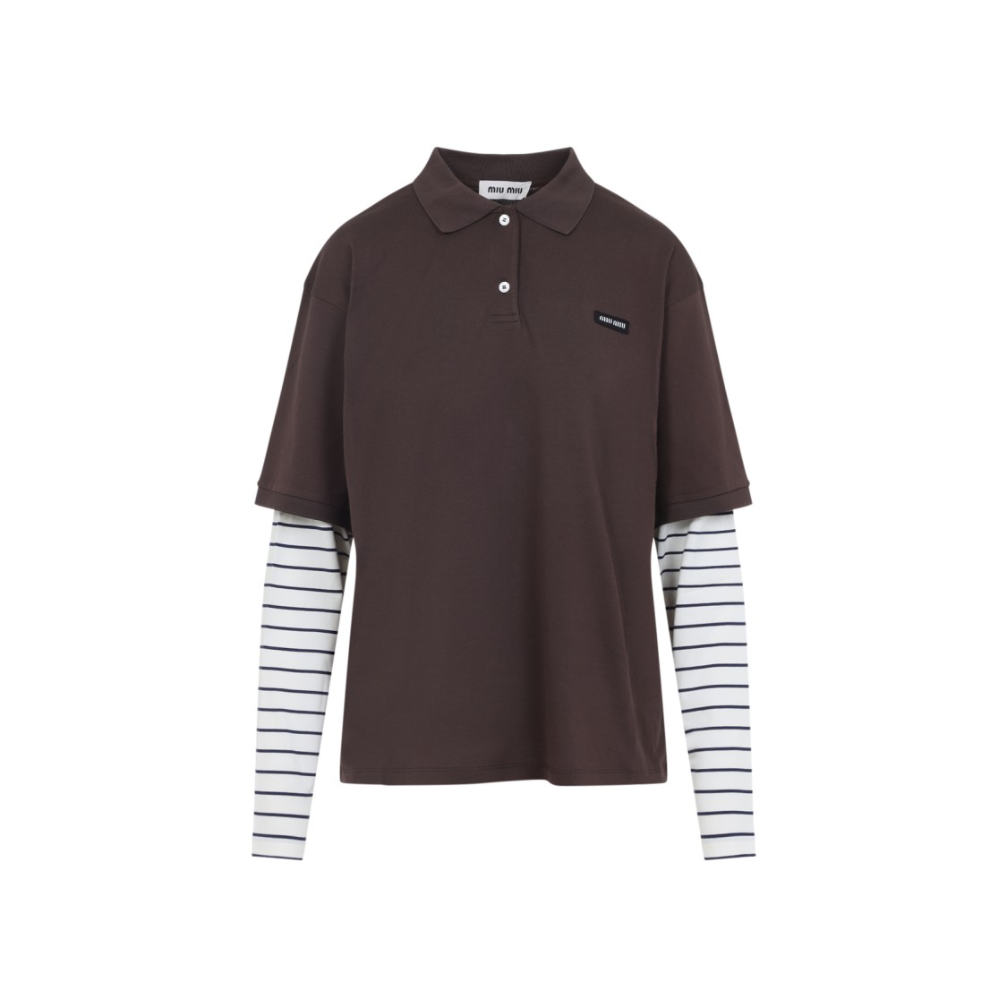 Miu Miu Contemporary Polo Shirt With Layered Striped Sleeves In Brown