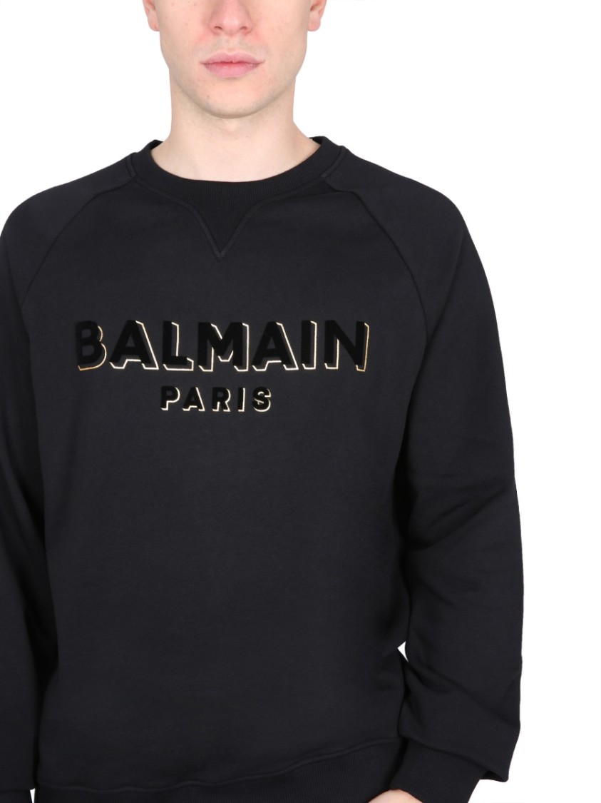 Balmain Flocked Logo Sweatshirt With Metallic Accents In Black