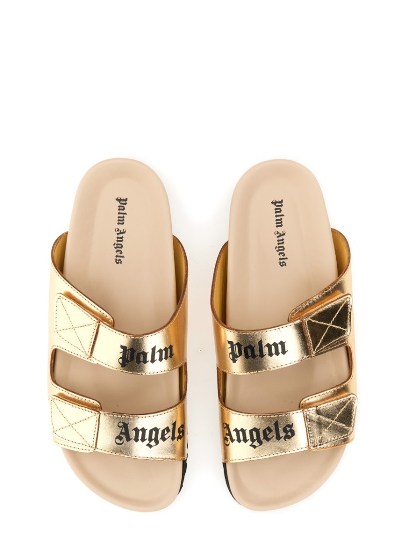 Palm Angels Logo-print Leather Slides In Gold
